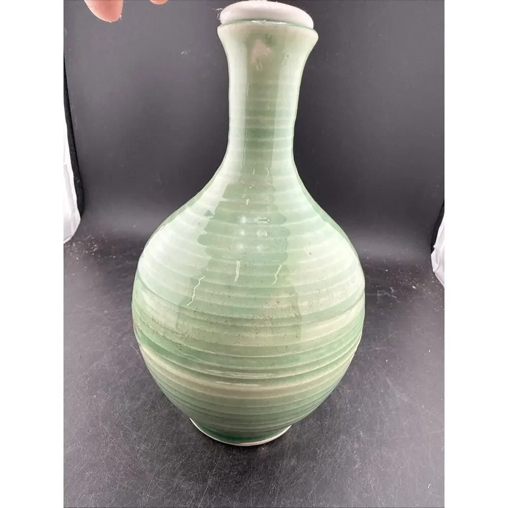 Hand Thrown Studio Pottery Oil Lamp Green Celadon Glaze Signed Dated 2006